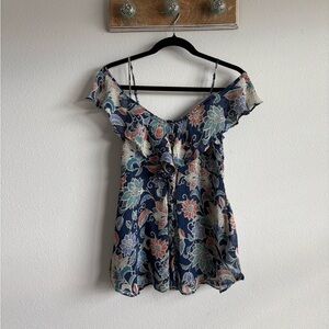 Anthropologie Navy Floral Ruffle Blouse